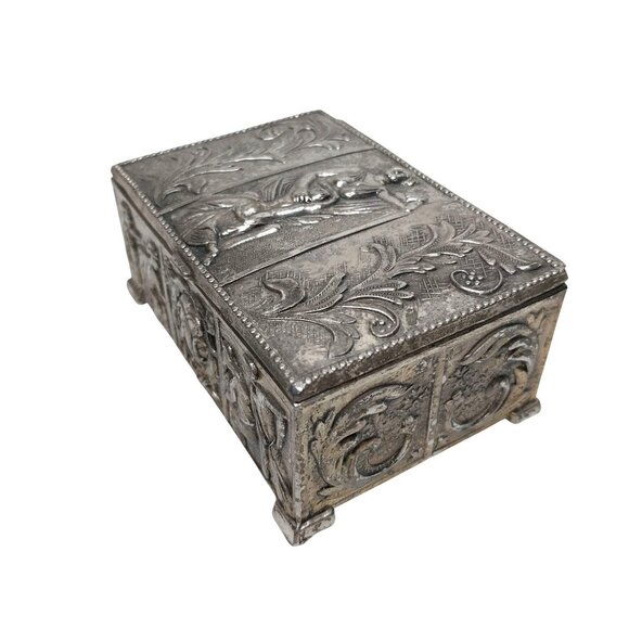 Vintage Decorative Silver Trinket Box Ornate Relief Design Japan - Picture 4 of 9